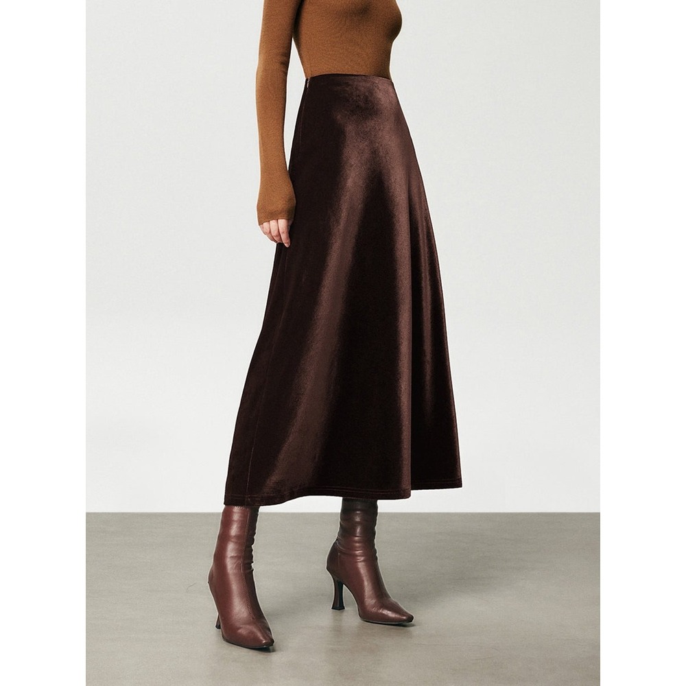 COMMENSE Dark Brown High Waist Velvet Maxi Skirt Elegant A-Line Size XS